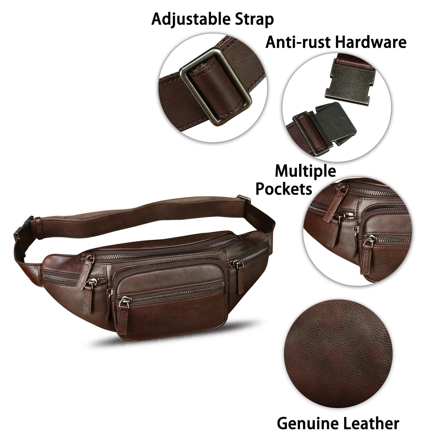 Genuine Leather Fanny Packs for Women and Men Waist Bag Vintage Hip Bum Bag Over Shoulder Crossbody Sling Bag (Coffee)