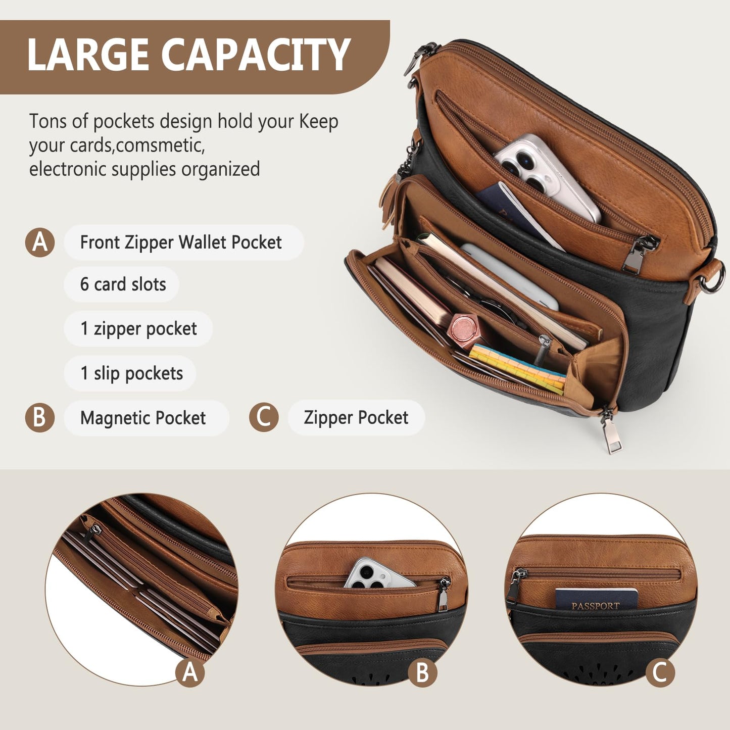 RAINSMORE Crossbody Bags for Women Leather Purse with Built in Wallet & Wide Straps Travel Cross Body Shoulder Handbags, black&brown