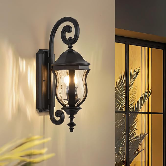 Outdoor Wall Sconces, Black Outdoor Porch Lights, 22.8" H Large Exterior Wall Lanterns, Waterproof Exterior Lighting Fixtures with Water Glass for Patio Garage Doorway