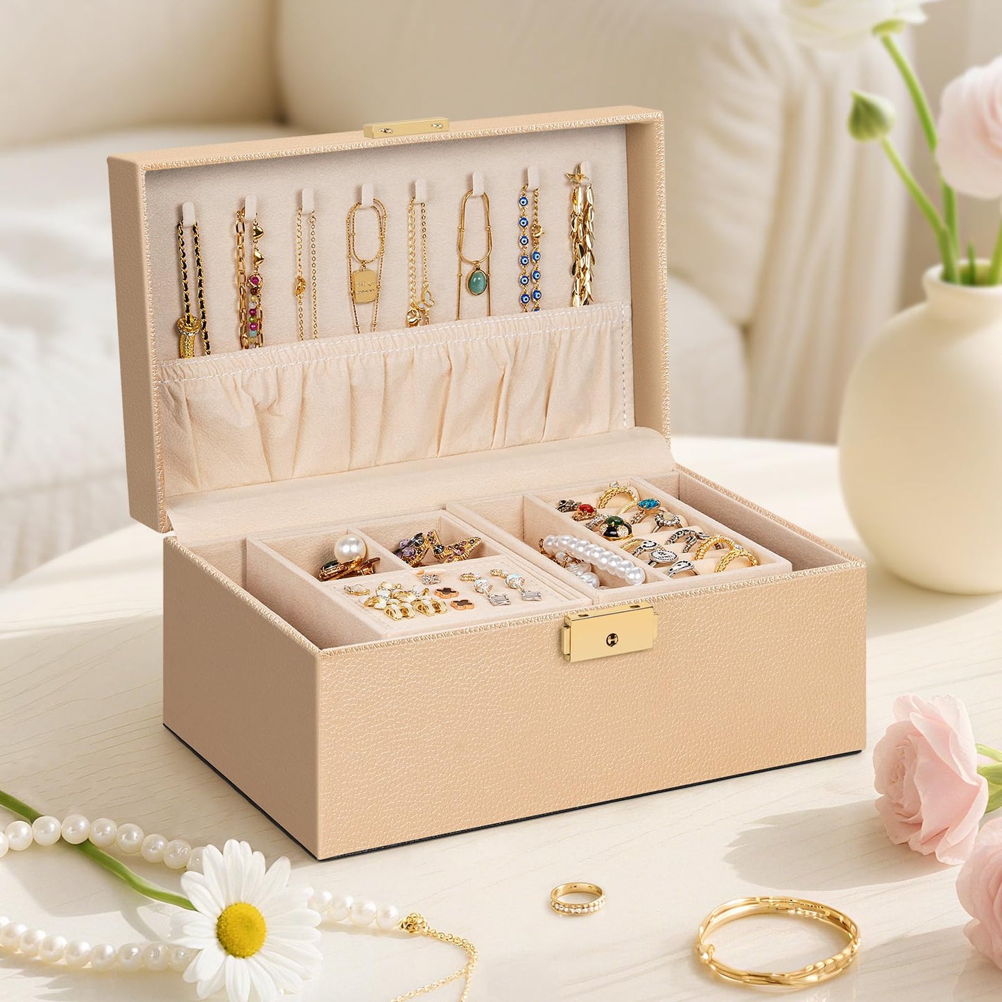 AKOZLIN Travel Jewelry Box Organizer Functional 2-trays Leather Jewelry Storage Case with Lockable Portable for Women Girls Ring Necklace Earring Bracelet Champagne