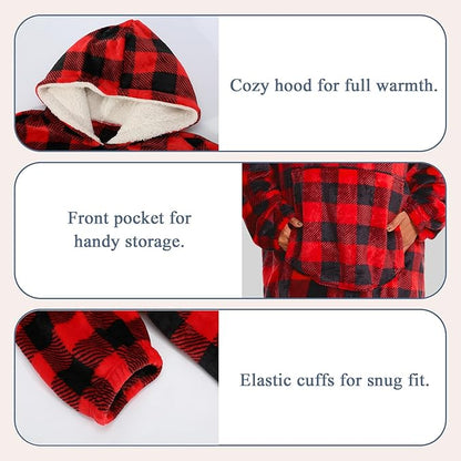 Wearable Blanket Hoodie Red Plaid Warm Sweatshirt Hooded Blanket One Size Fits All