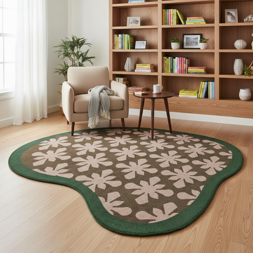 Irregular Shaped Area Rug Unique Aesthetic Green Brown Floral Pattern Rug for Bedroom Livingroom Hallway Entryway Minimalist Mid Century Carpet 3ft Washable No Slip Diningroom Kitchen Floor Rug