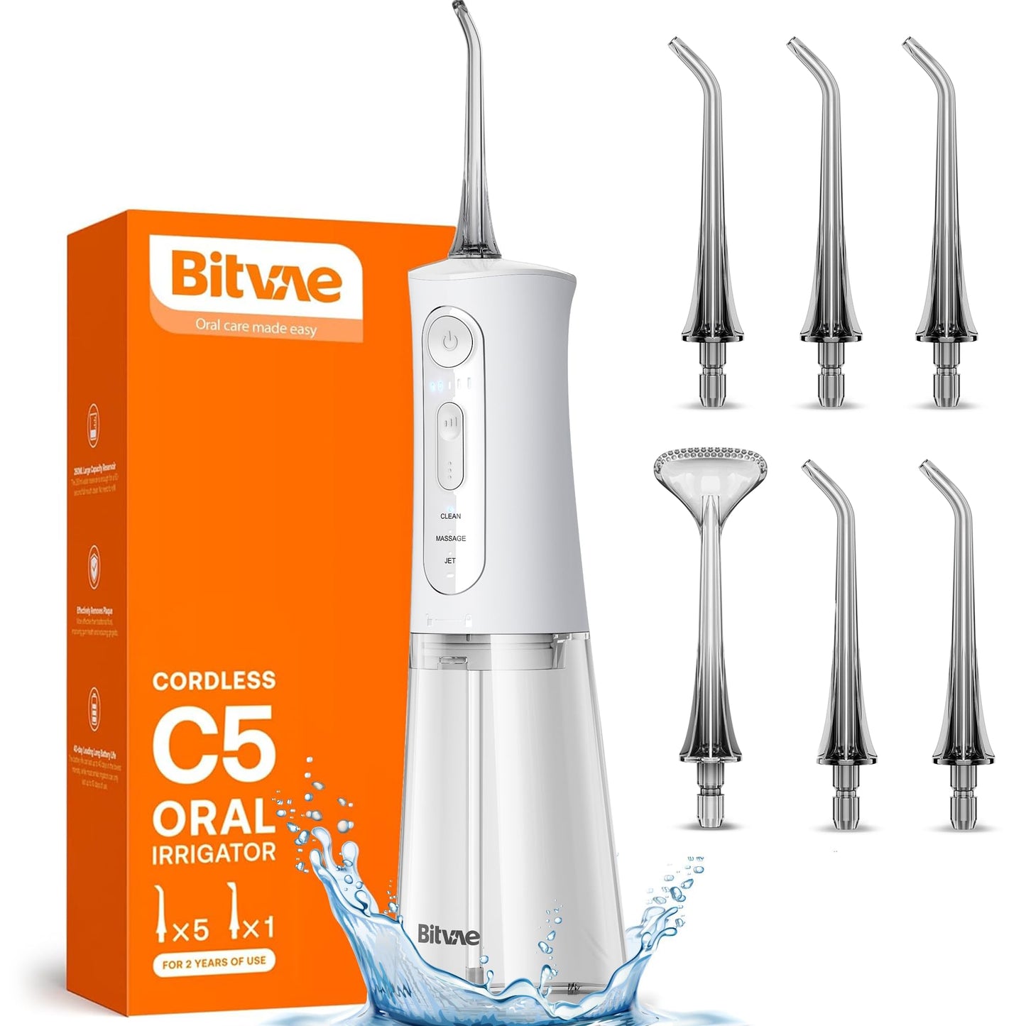 Bitvae Water Dental Flosser for Teeth, Cordless Water Teeth Cleaner Picks, 3 Modes 5 Intensities, IPX7 Waterproof, Rechargeable Water Dental Picks for Cleaning - Black