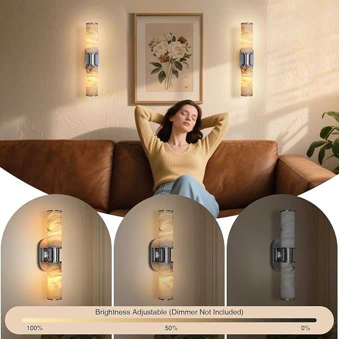 22.2" Alabaster Wall Sconce Set of 2, Brass Bathroom Wall Sconce, Spanish Natural Marble Sconces Modern Wall Lights Lamps for Bedroom Living Room Stairs Indoor Hallway Vanity, Nickel