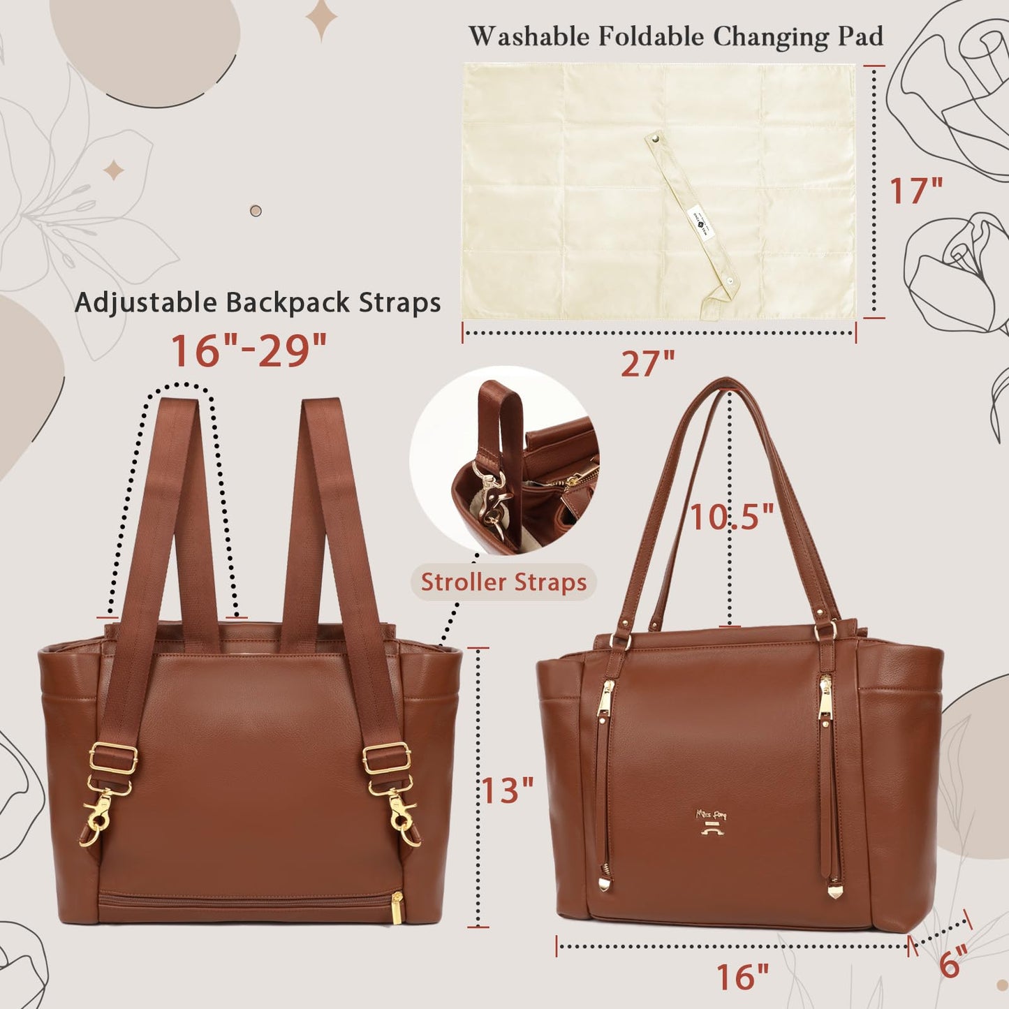 miss fong Diaper Bag Tote Leather Diaper Bag Backpack, Large Capacity Mommy Bag Hospital Bag, 12 Pockets Travel Diaper Tote with Changing Pad Pañaleras Para Bebe for Mom & Dad-Brown