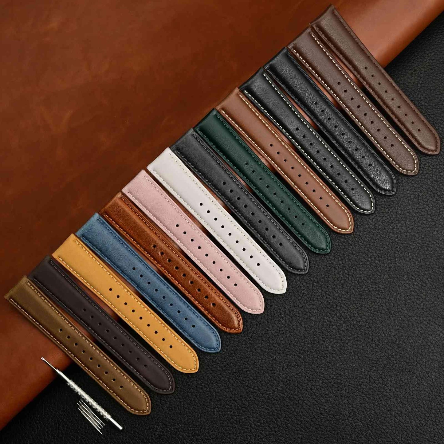 WOCCI 19mm Vintage Leather Watch Band for Men and Women, Silver Buckle (Dark Brown/Contrasting Stitch)