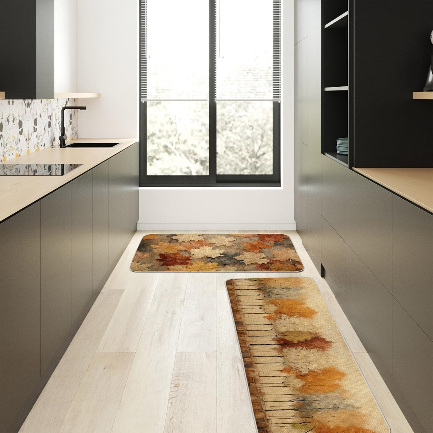 ONWAY Fall Kitchen Mats Set of 2 17x29 and 17x47 Inch Low-Profile Autumn Kitchen Rugs with Leaves Trees Non Slip Washable Mats for Sink Entryway Home Decor Thanksgiving Seasonal Floor Mat
