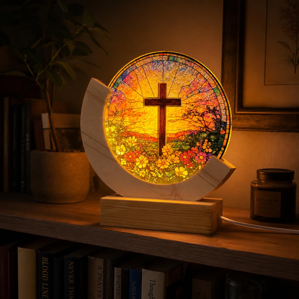 Christian Cross Stained Glass Night Light – Warm LED Glow, USB Powered, Solid Acrylic Plate with Wooden Base – Religious Home Decor Gift for Mom, Women, Christians, Easter, Christmas, Mother's Day