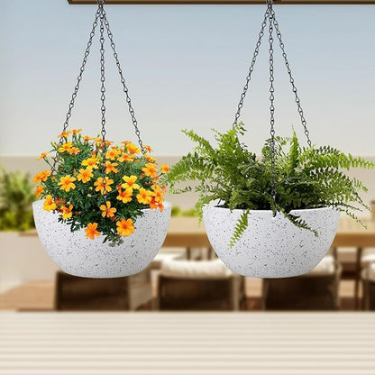 12 inch Large Hanging Planters for Indoor Outdoor Plants, 2 Pack Hanging Flower Pots with Drainage Holes and Chain for Garden Porch, Plastic Hanging Baskets for House Plants, Speckled White