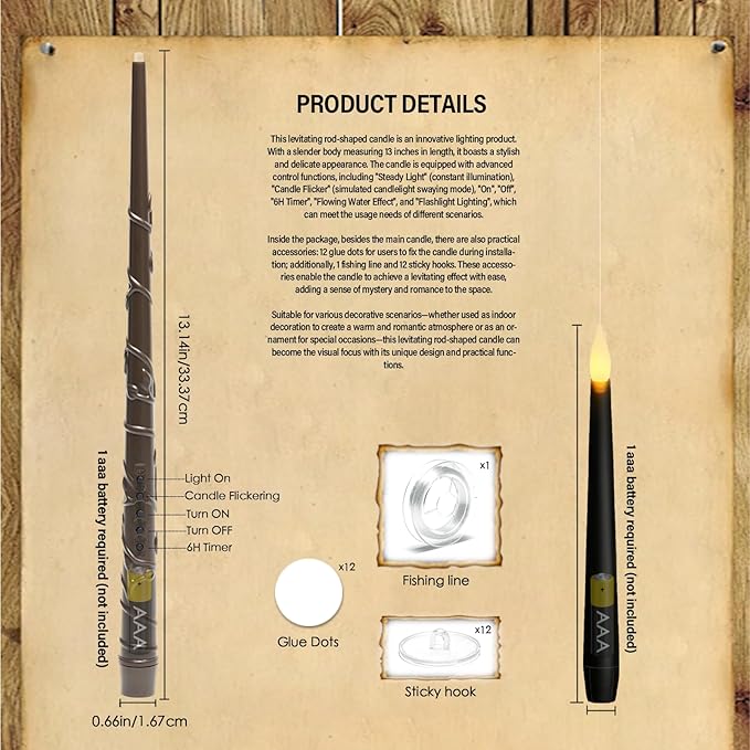 Flameless Floating Candles with Wand，12 Pcs Magic LED Hanging Taper Candles，Flickering Battery Operated Taper Candle with Wand Remote for Halloween Decorations Best Gift（Black）