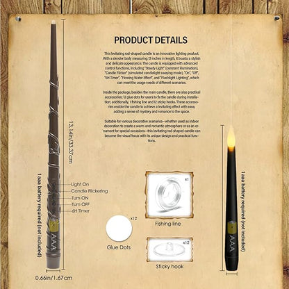 Flameless Floating Candles with Wand，12 Pcs Magic LED Hanging Taper Candles，Flickering Battery Operated Taper Candle with Wand Remote for Halloween Decorations Best Gift（Black）