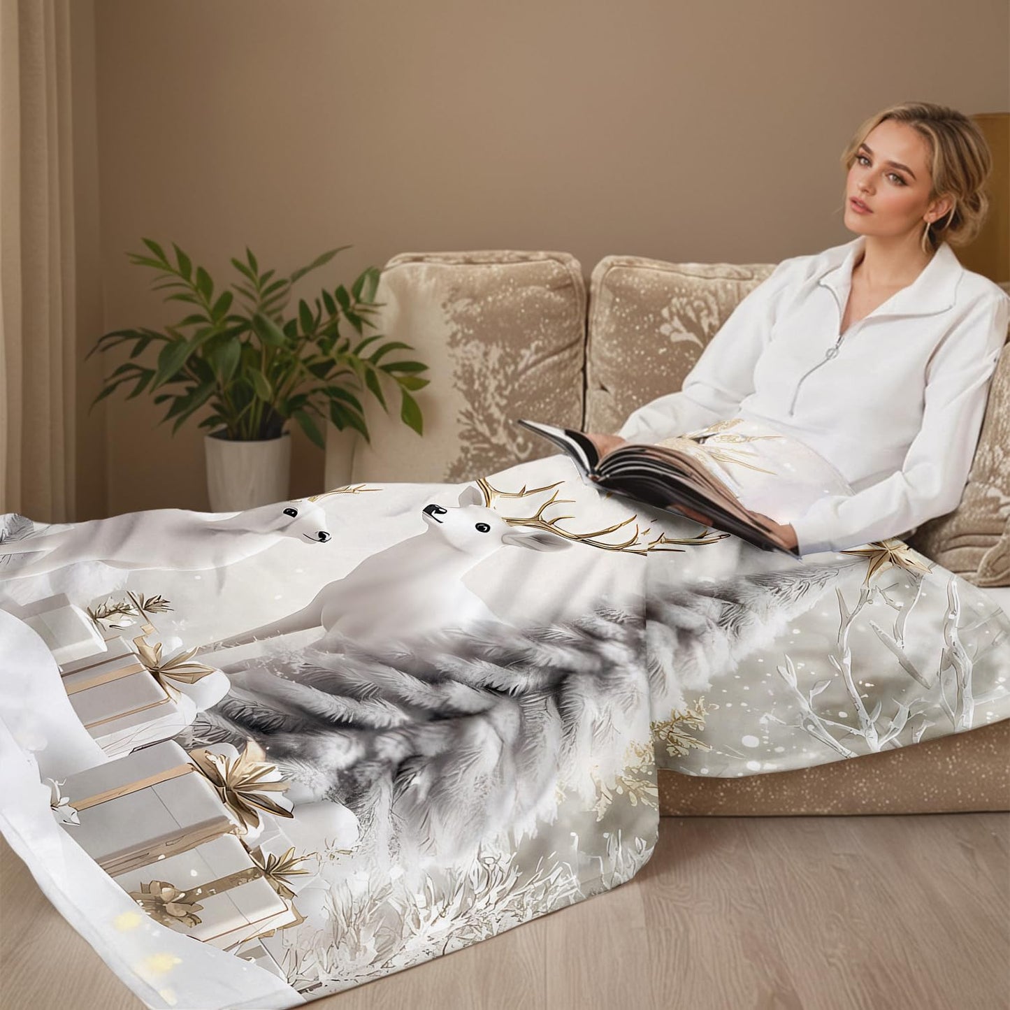 Christmas Reindeer Throw Blanket for Couch Bed Sofa Winter Holiday Cozy Christmas Tree Flannel Blanket with Snow Scene Deer and Pine Trees Farmhouse Christmas Decor Xmas Gifts (Xmas 1, 50''x60'')