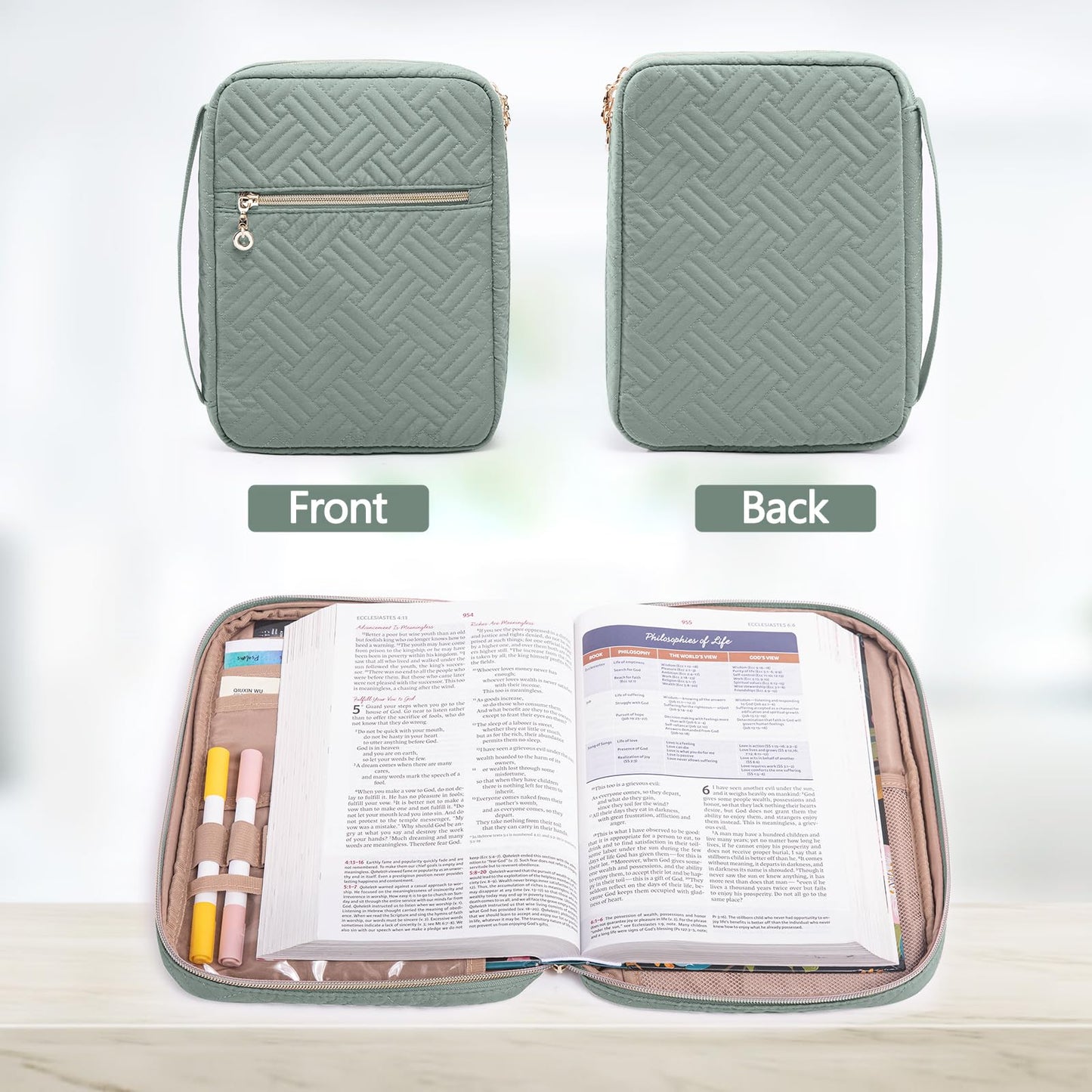 APLUFINE Quilted Bible Cover for Women, Large Bible Bag with Handle & Shoulder Strap, Bible Study Supplies Organizer, Zipper Bible Carrying Case, Christian Gift Book Cover Fits 9 x 6 Bible