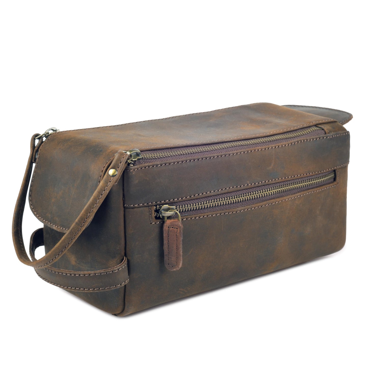 Rasavi Genuine Leather Travel Toiletry Bag for Men & Women, Handcrafted Vintage Dopp Kit, Water-Resistant Shaving & Bathroom Essentials Organizer - Rustic Brown