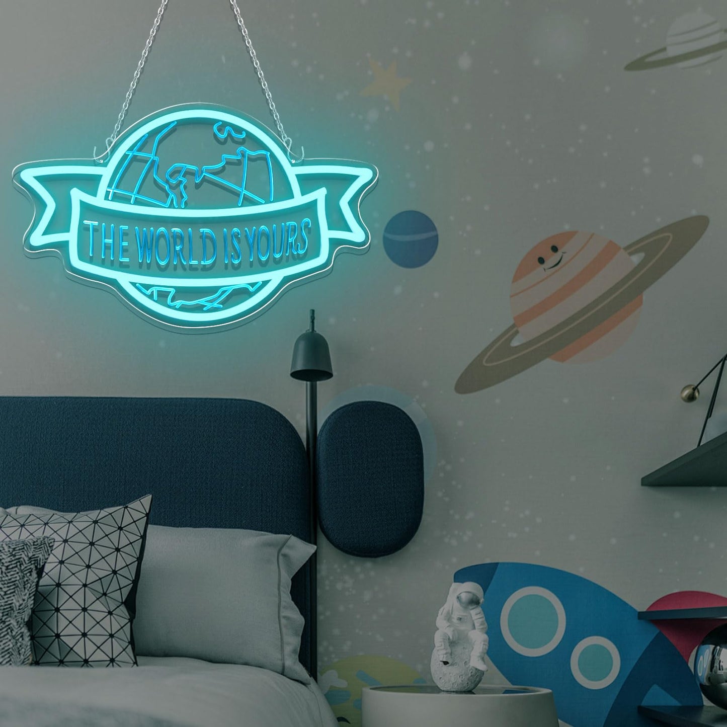 The World Is Yours Neon Sign Motivational Blue LED Neon Light for Classroom, Bedroom Man Cave Wall Decor Dimmable, Unique Birthday Christmas Gift for Kids, Teens, Adults