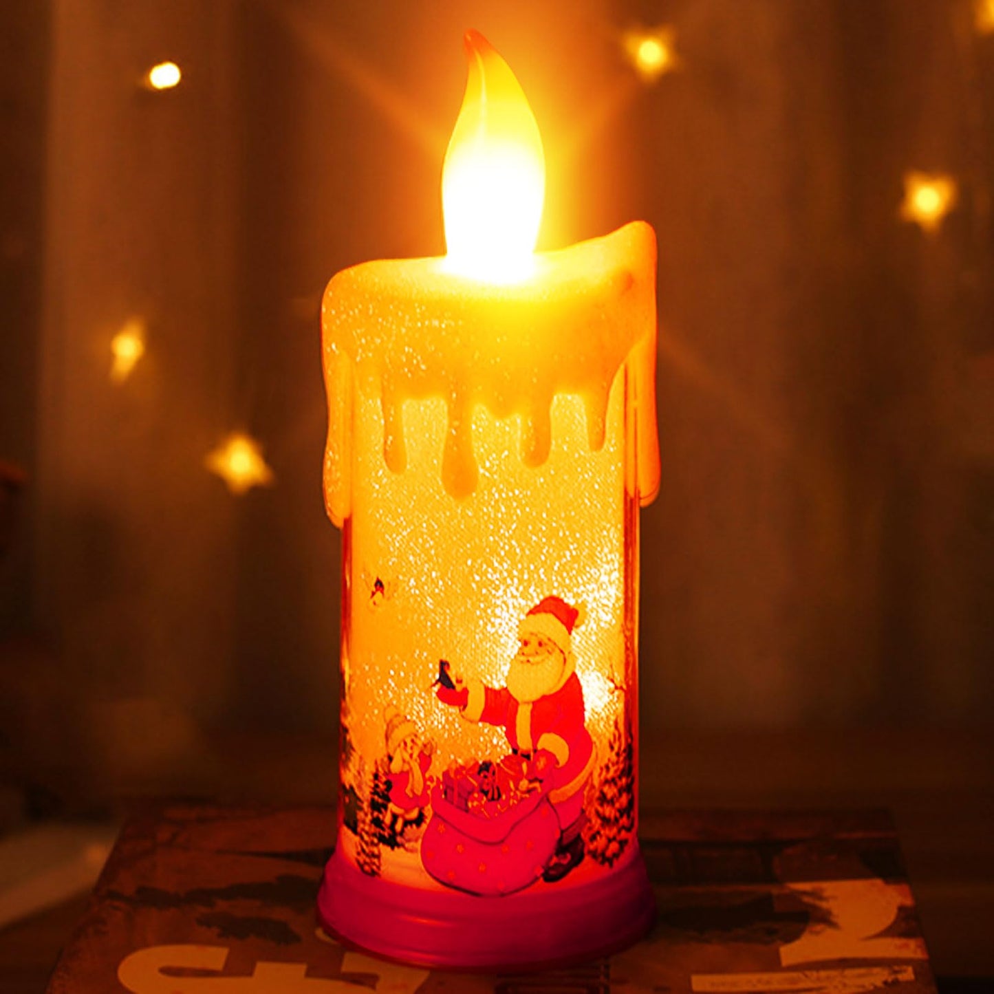 SWEETIME Snow Globe LED Flameless Battery-Operated Sparkly Glitter 3D Fire Wick Flickering Flame Fake Crystal Santa Claus Candle Decor for Christmas Celebration Party