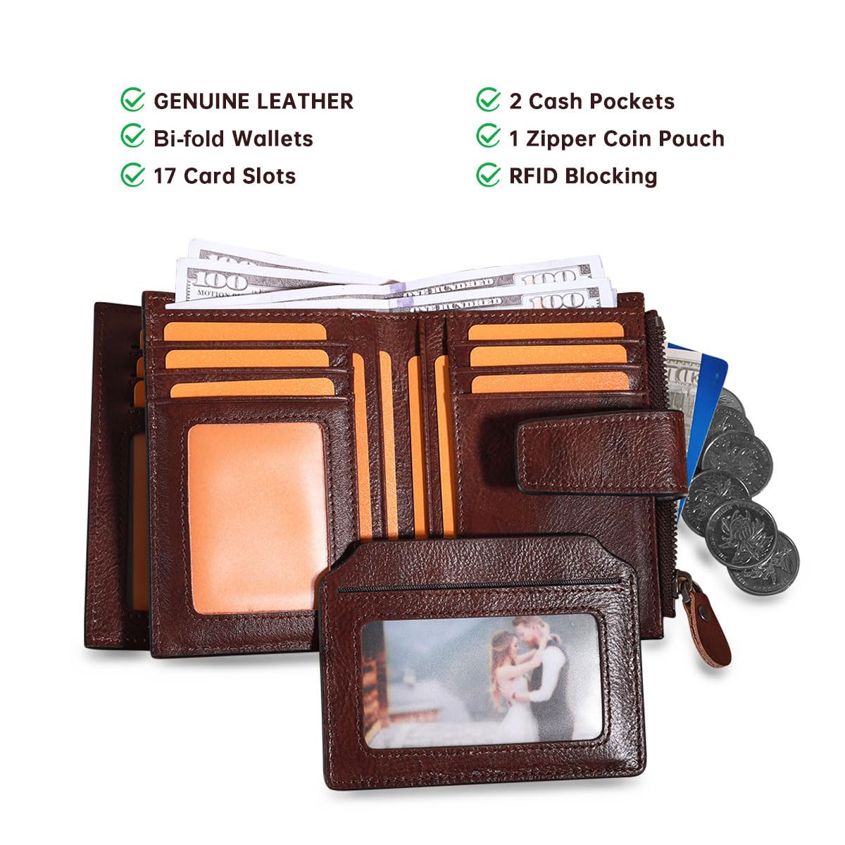 Men's Vintage RFID Blocking Bifold Wallet Genuine Leather with Zipper Coin Pocket Multi-Card Slots & ID Window (Coffee)