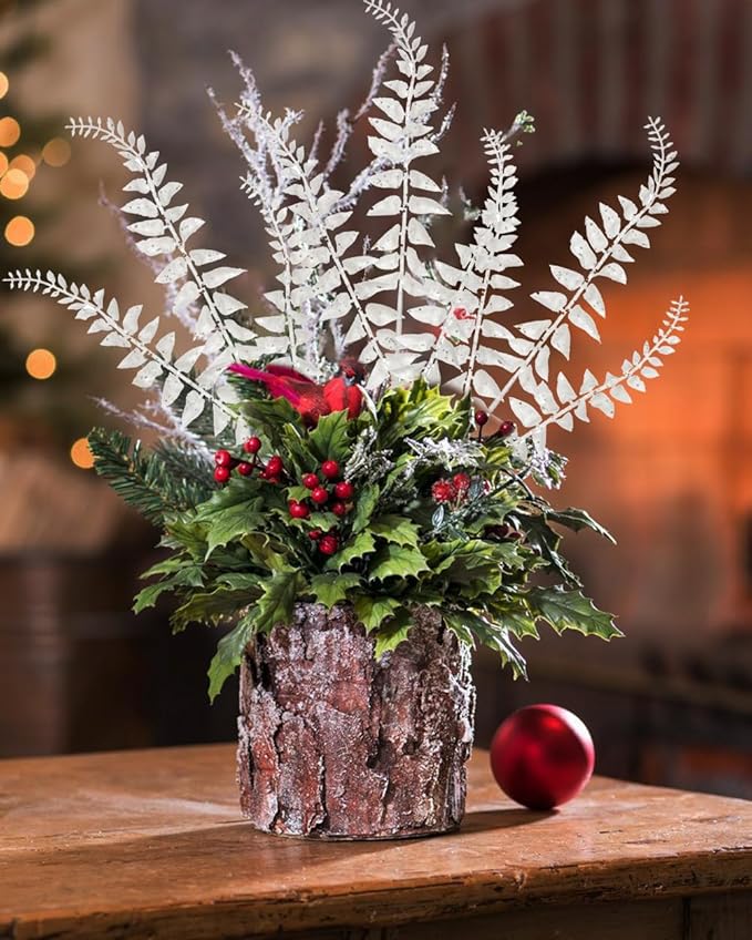 DILATATA 6Pcs Christmas Glitter Leaves Boston Fern Leaves 25" Artificial White Fern Leaf Picks Sprays Giltter Stems for Christmas Tree DIY Xmas Wreath Garland Home Decor - White