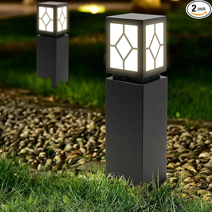 2Pack Landscape Path Lights 24" IP65 Waterproof Bollard Lights, Heavy Duty Steel Stable Widened Base E27 Lamp Holder, Modern Outdoor Path Lights Bollard for Lawn, Patio, Courtyard, Driveway, Lozenge