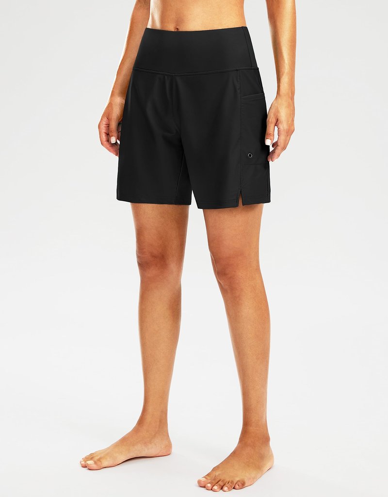 G Gradual Women's 7" Long Swim Board Shorts High Waisted Quick Dry Beach Swimming Shorts for Women with Liner Pockets(Black,XL)