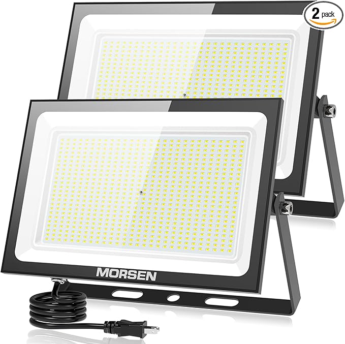 MORSEN 400W Flood Lights Outdoor, 48000lm Bright LED Work Light with Plug, 6500K Daylight White LED Flood Lighting, IP66 Waterproof Security Yard Lights for Yard Garage Stadium 2 Pack