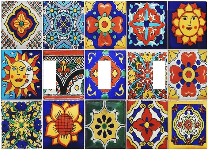 Traditional Colorful Talavera Mexican Spanish Moroccan Tiles 3 Gang Wall Plates Decorative Triple Toggle Light Switch Cover Electrical Switchplate Unused Decorate Faceplate for Bathroom Home