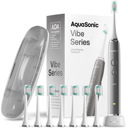 Aquasonic Vibe Series Ultra-Whitening Toothbrush – ADA Accepted Electric Toothbrush - 8 Brush Heads & Travel Case – 40,000 VPM Motor & Wireless Charging - 4 Modes w Smart Timer – Satin Rose Gold
