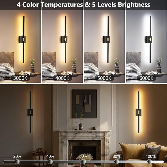 Battery Operated Wall Sconces Set of 2: 10000mAh Rechargeable Wall Sconce with Touch and Remote, 360° Rotate, 4CCT Dimmable Wireless Wall Light LED Wall Lamp for Living Room Bedroom Bathroom, Black