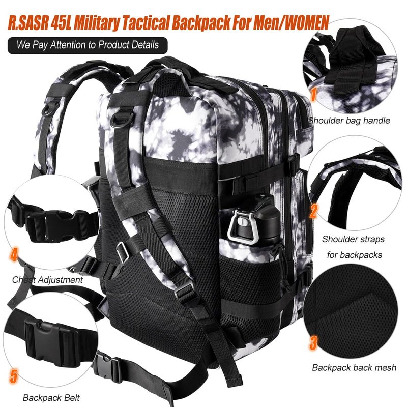 R.SASR 45L Tactical Backpack for Men Women, Military Assault Pack with MOLLE, Large 3 Day Bug Out Bag for Hiking Camping (Black and White)