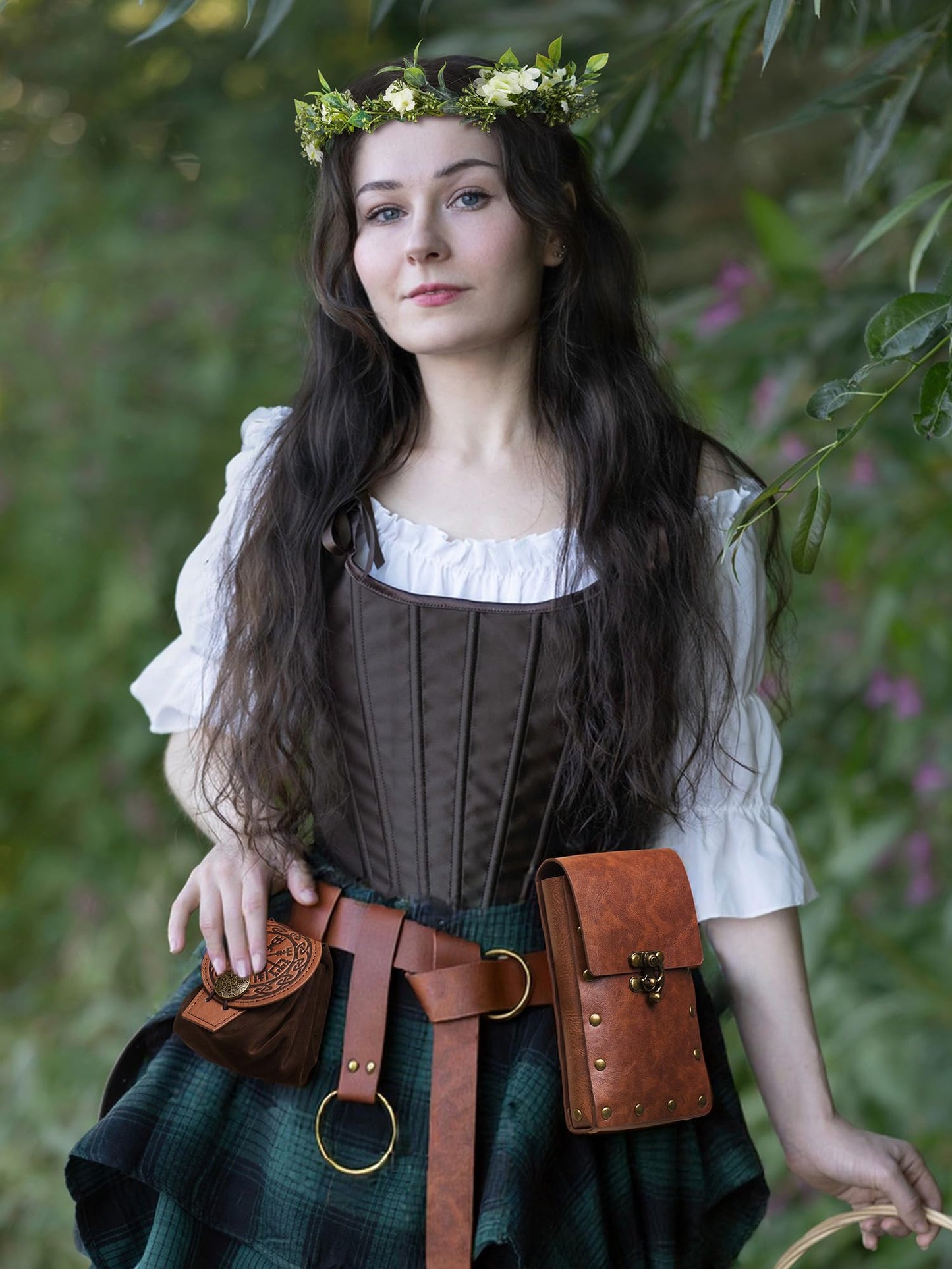 YESSA Renaissance Accessories,Medieval Viking Leather Belt Pouch Coin Purse,Ren Faire Headpiece Phone Holder Waist Bag Halloween Cosplay Pirate Costumes Set,Brown