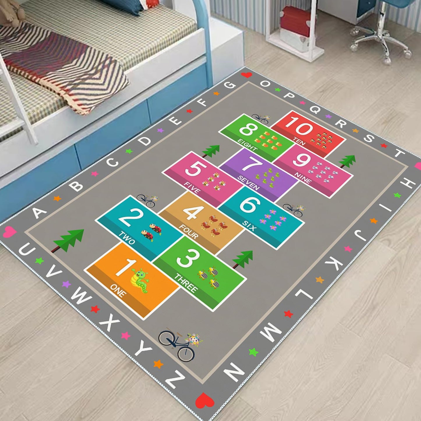 YLZLDKH Hopscotch Play Rug Carpet for Kids, ABC Alphabet Number Educational Rug, Children's Counting Game Mat for Playroom, Classroom, Bedroom and Nursery (Grey, 47x71 in)