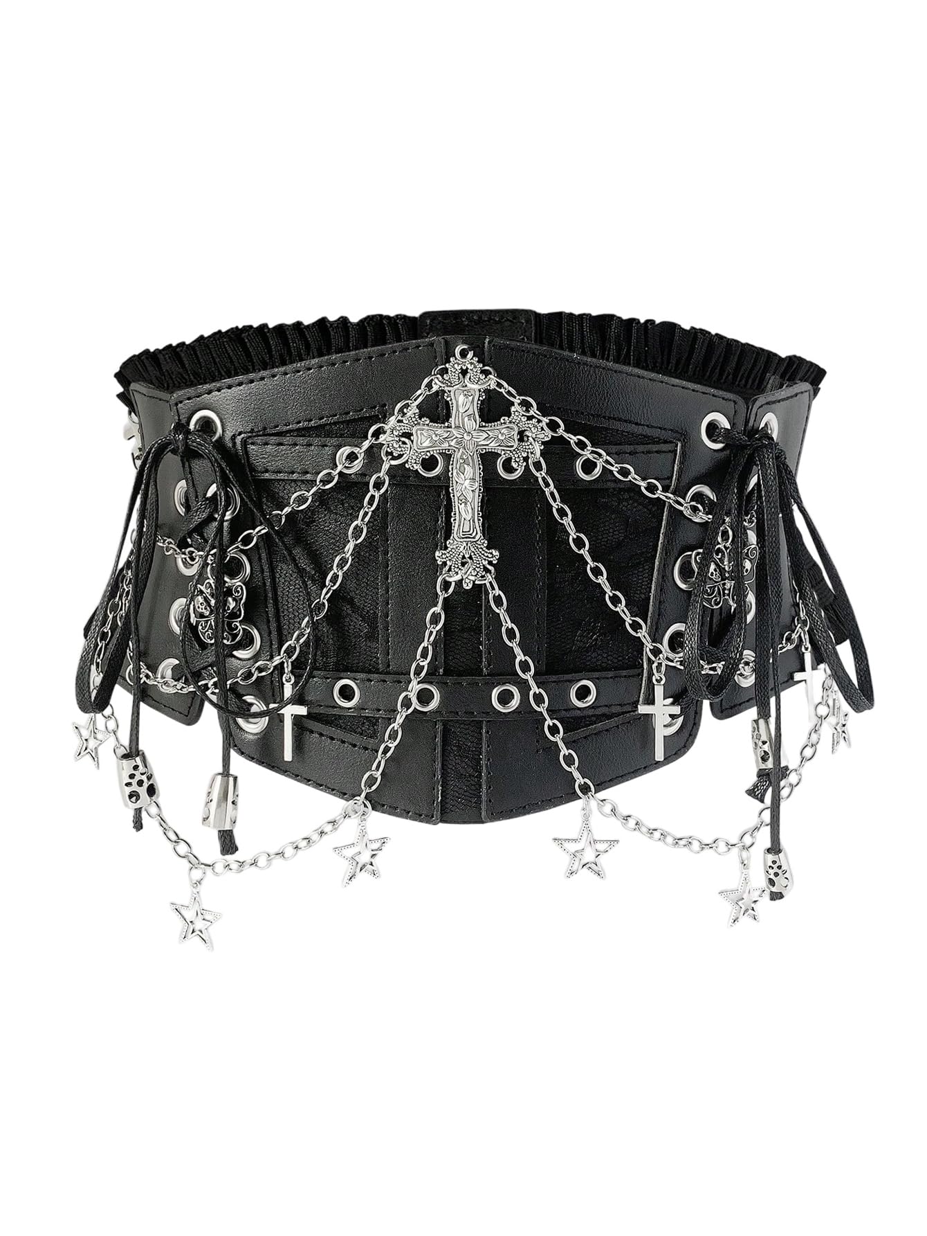WDIRARA Women's Faux Leather Corset Belt Chain Goth Punk Cross Lace Up Side Elastic Waist Corset Black Medium