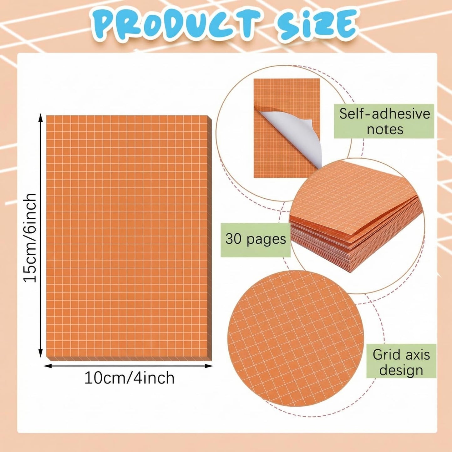 Jecery 9 Pack 4 x 6 Inch Grid Sticky Notes Self Adhesive Memo Pad Cute Graph Paper Self Stick Note Pads with Grid Lines for Gifts Office Supplies, 270 Sheets(Bright Color)
