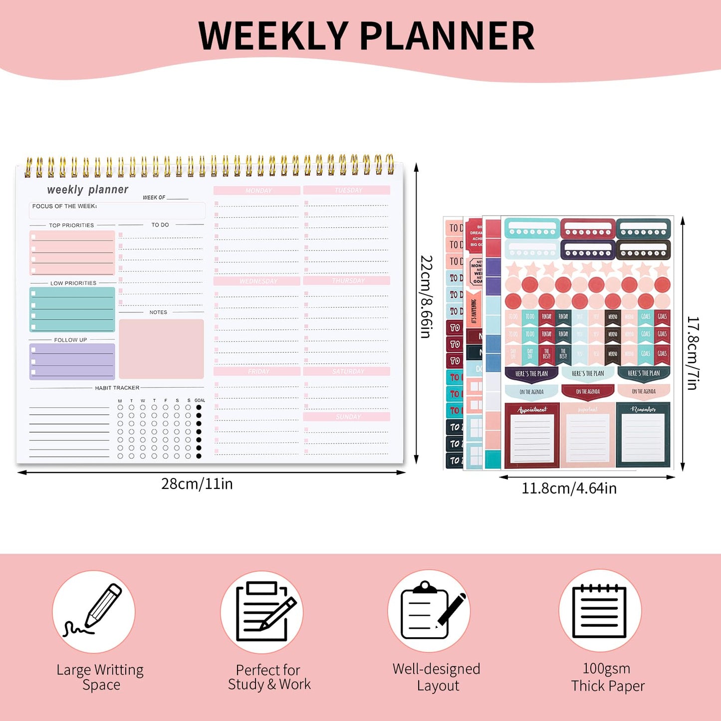 Weekly To Do List Notepad, 8.5''x11'' Weekly Desk Planners with 52 Tear Off Sheets Undated Planner Habit Tracker & Productivity Organizer for Home and Work, Pink