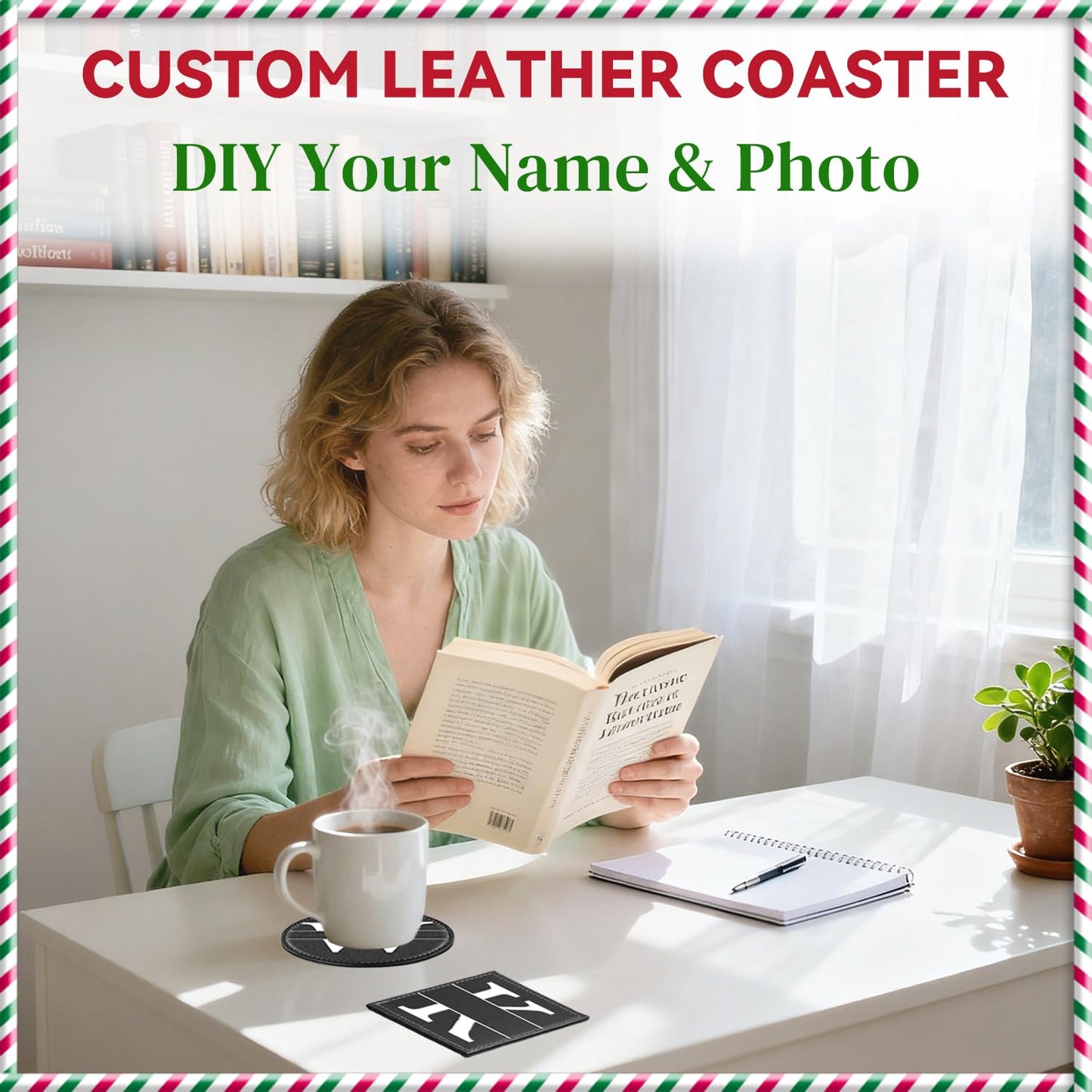 Custom Leather Coaster, Personalized Set of 6 Coasters for Drinks with Holder, DIY Logo Name Image, Durable, Non-Slip, Waterproof Leather Coaster for Home, Office, Bar, Cup Housewarming (Round)