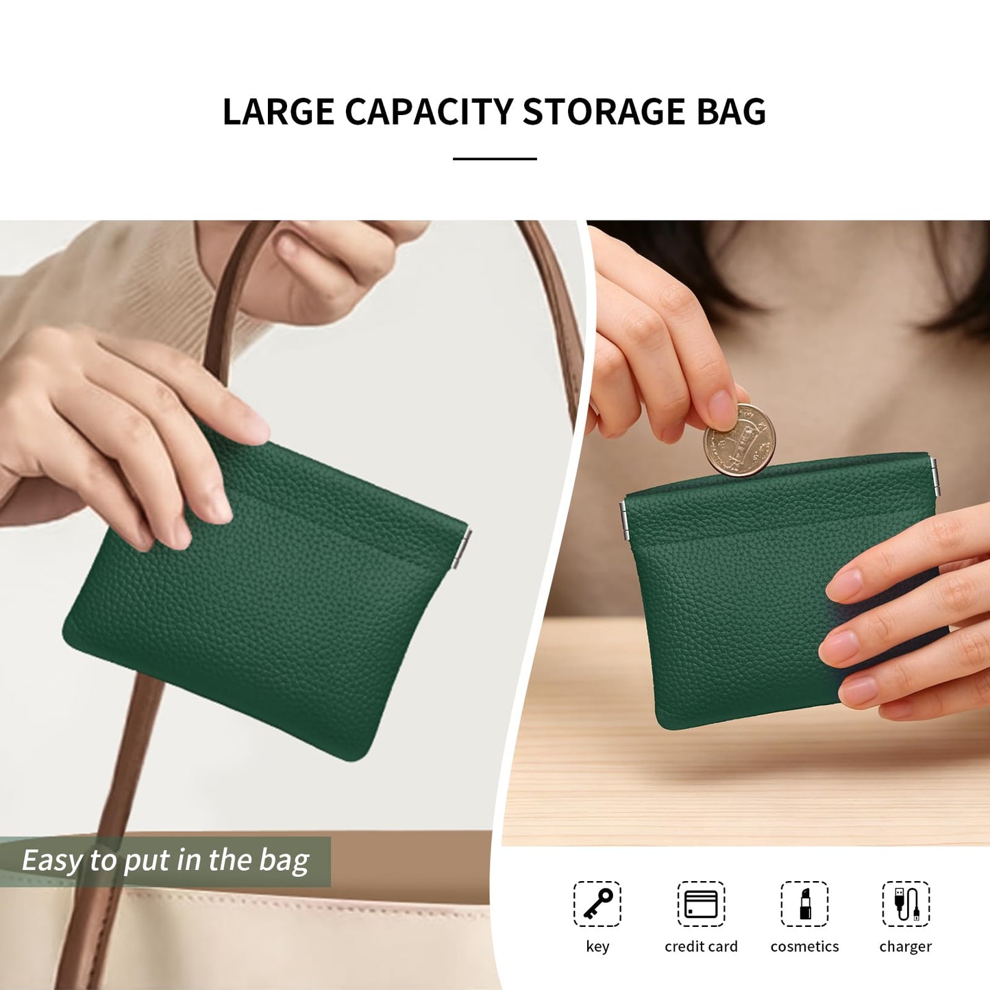 Genuine Leather Squeeze Coin Purse Pouch Change Holder For Men & Women Mini Change Purse Pouch for Pocket, Small Pouch Credit Card Key Headset Lipstick Holder (Green)