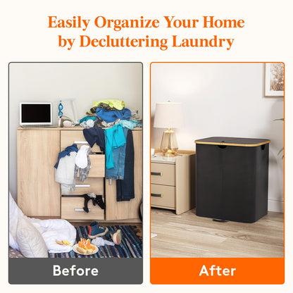 Lifewit 120L Double Laundry Hamper with Lid, Large Laundry Basket with Removable Bag & Bamboo Handles, Fodable Tall Dirty Clothes Hamper for Laundry Collapsible Bin for Bathroom Bedroom Dorm, Black