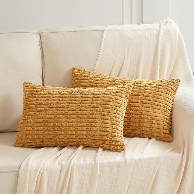 Fancy Homi Mustard Yellow Lumbar Decorative Throw Pillow Covers 14x24 Inch for Living Room Couch Bed Sofa, Rustic Farmhouse Boho Home Decor, Soft Striped Corduroy Rectangle Cushion Case 35x60 cm