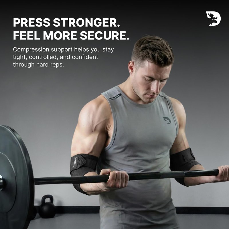 DMoose Fitness Elbow Wraps for Weightlifting (Pair) - 40'' Adjustable Elbow Strap for Gym Workout & Bench Press, Compression Elbow Wraps for Tendonitis & Joint Support, Elbow Sleeve (Black)