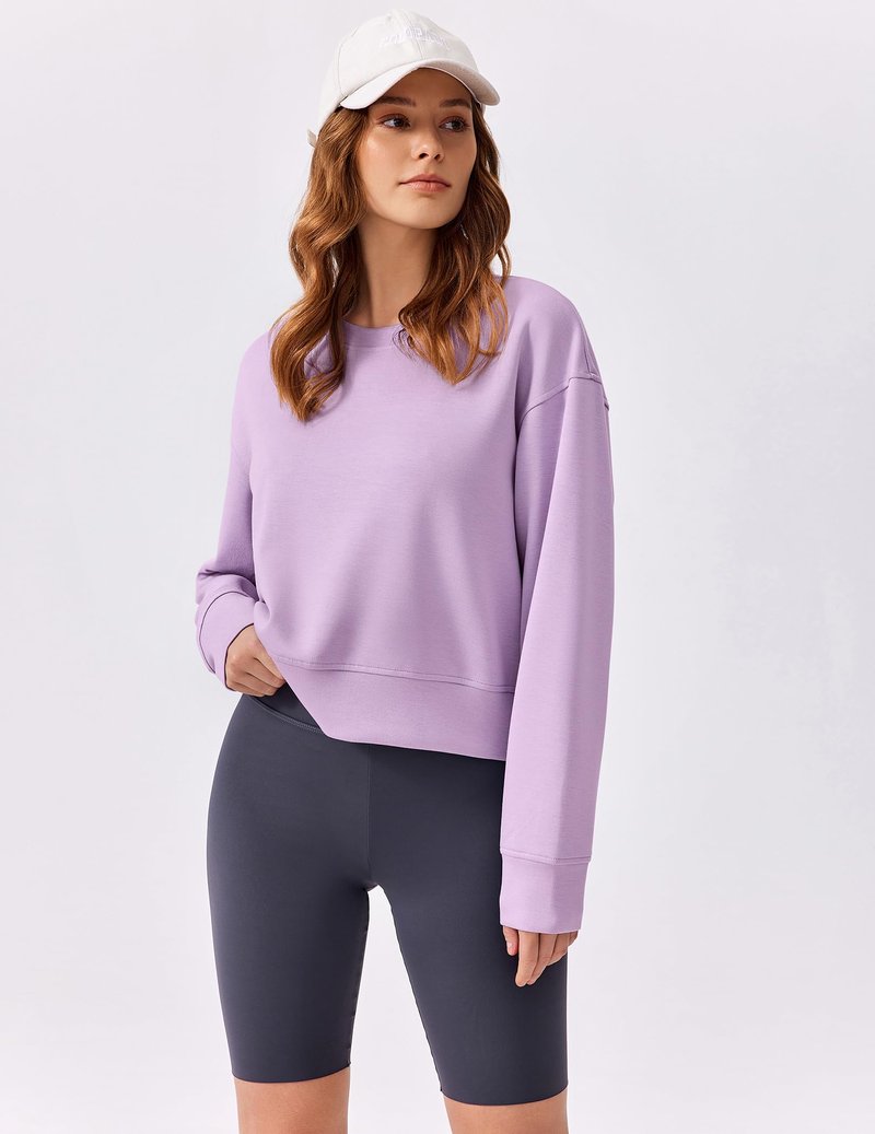 PINSPARK Cropped Sweatshirts for Women Oversized Pullover Long Sleeve Crop Top Lightweight Soft Travel Clothes 2024,Lavender Large