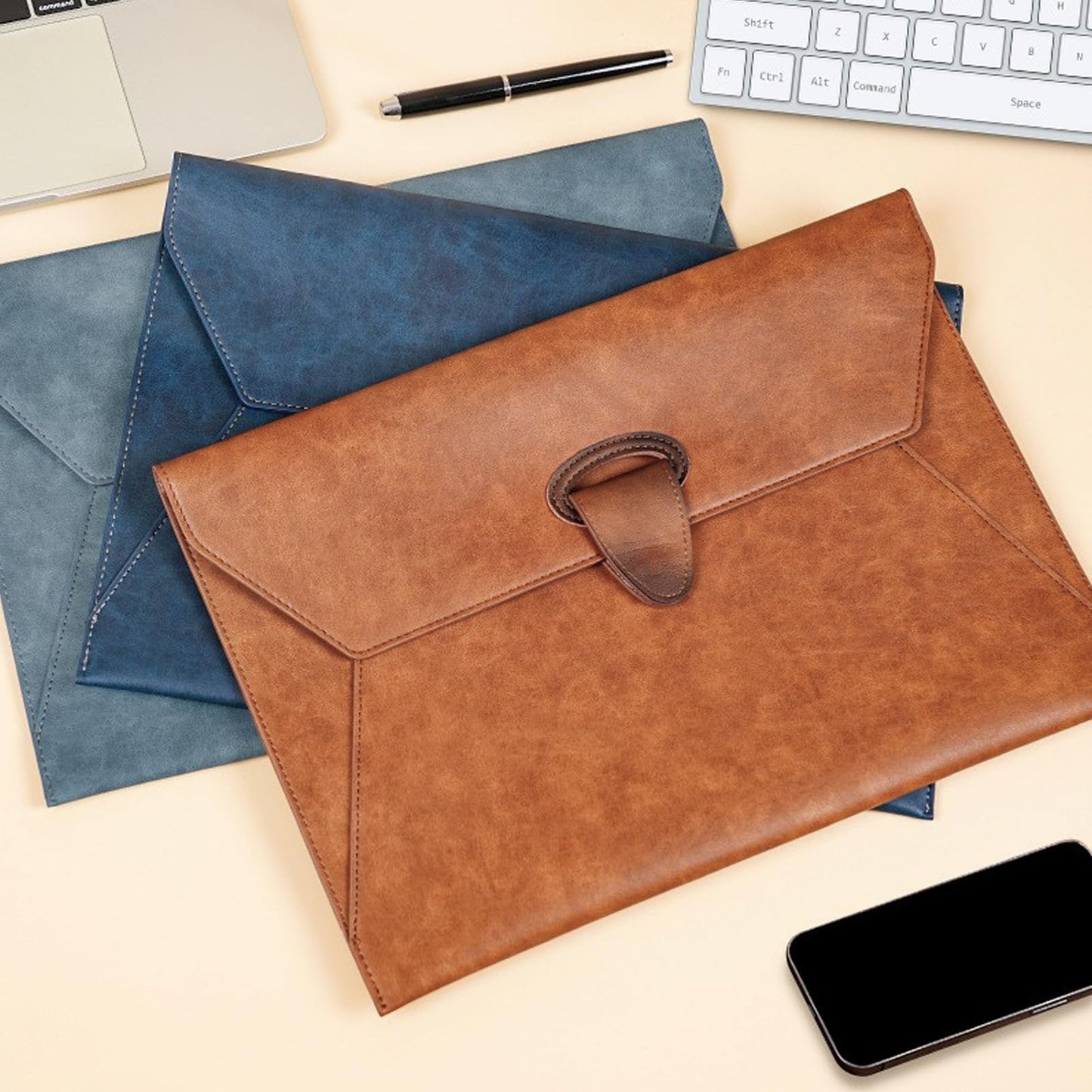 VANRA PU Leather File Folder Document Organizer Holder Waterproof Filing Envelope Case with 2 Pockets, A4 Portfolio Folder with Magnetic Snap Button Closure (Brown)