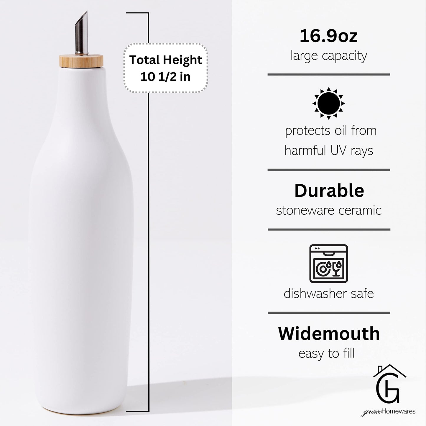 Grace Homewares Olive Oil Dispenser Bottle Stoneware Ceramic for EVOO or Vinegar | Modern Design | Large Capacity 16.9 ounce | Oil Container | White