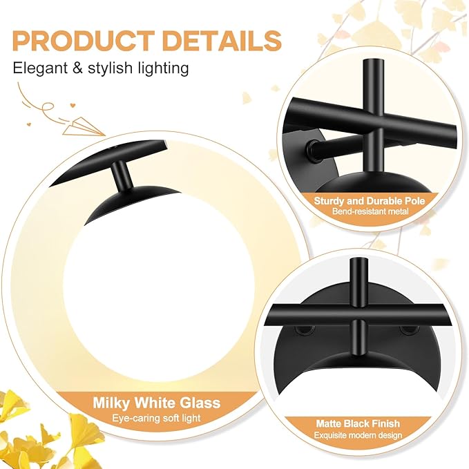 3-Light Bathroom Light Fixtures, Matte Black Vanity Lights for Bathroom with Milky White Glass Ball Shades, 18.9 inch Bathroom Lighting Fixtures Over Mirror, Wall Sconce for Bedroom (Exclude G9 Bulb)