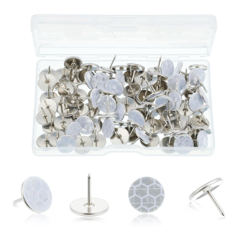 FdcLixuvol 100 Pcs Reflective Tacks Trail Marking Tacks, 0.4" Glow in Dark Thumb Nails Tack with Storage Box, Stainless Steel Metal Nails Road Markers for Hiking, Camping Tree Stand Marking (Silver)