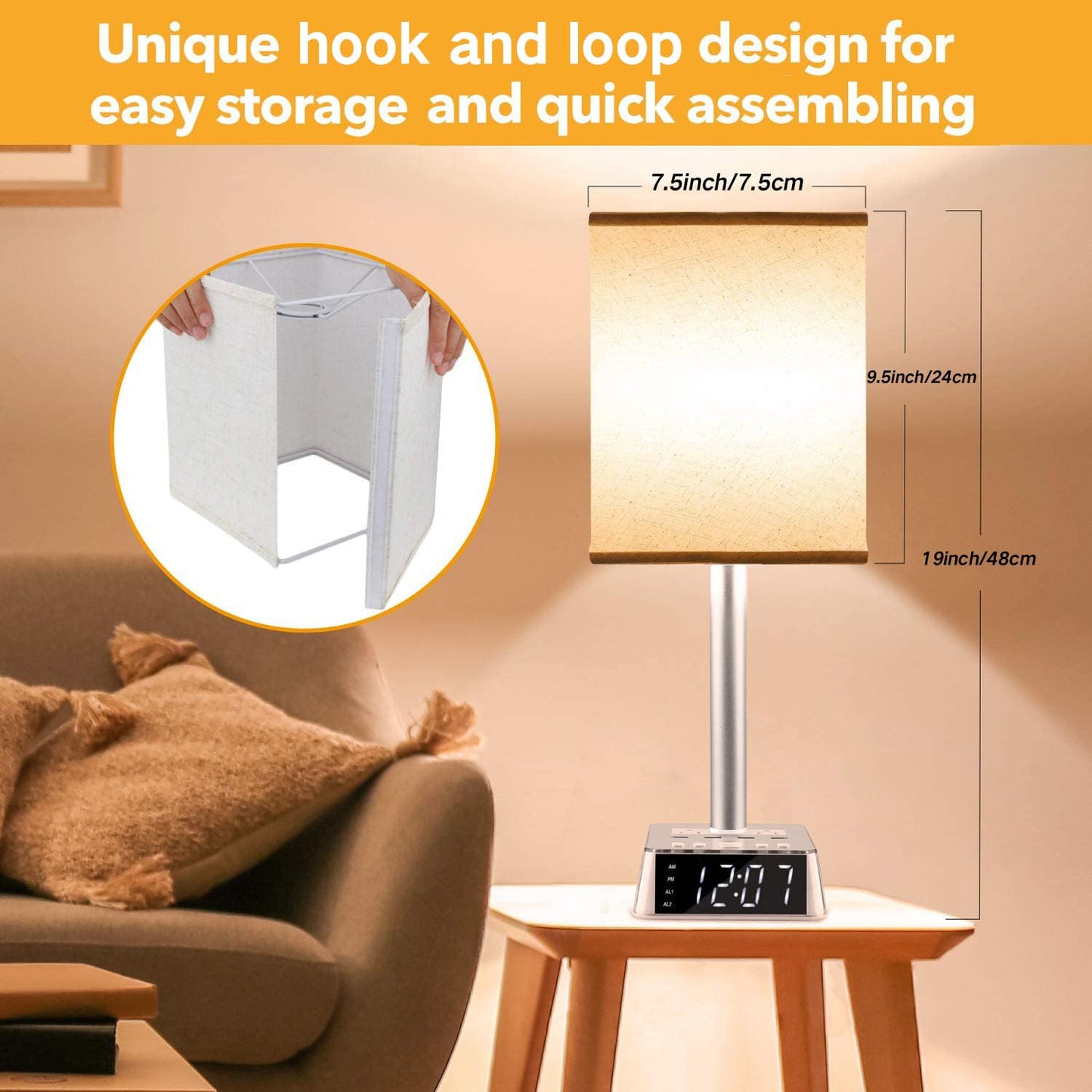 Yostyle Table Lamp Bedside Lamp with 4 USB Ports and AC Power Outlets, Alarm Clock Base w/ 5Ft Extension Cord, Square Oatmeal Fabric Lampshade Modern Accent Nightstand Lamps for Bedrooms Living Room