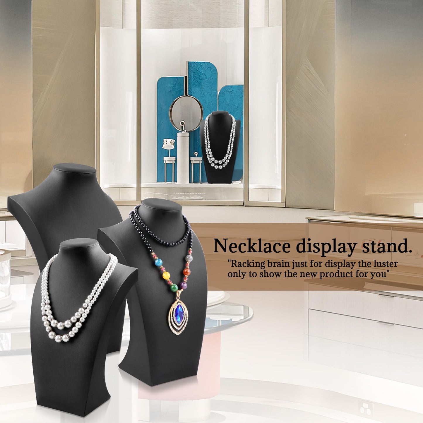 Homeanda Necklace Display Bust - PU Leather Jewelry Bust Stand for Photography, Boutique Display, and Home Organisation(Polyurethane-Black-13.4" x8.2)