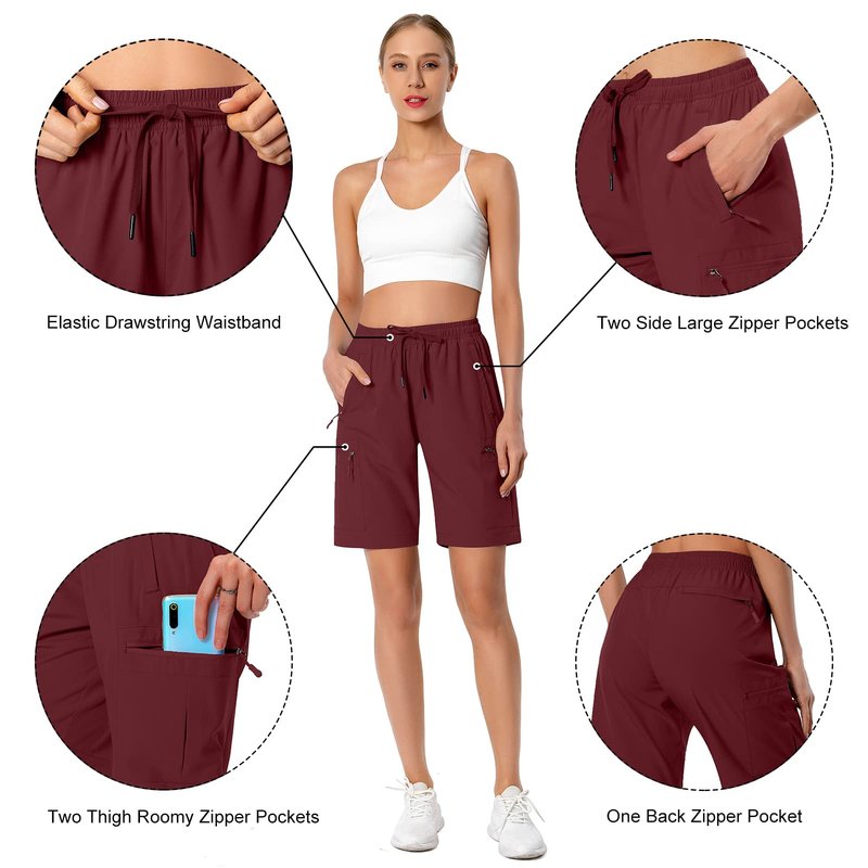 Hugut Women's Lightweight Hiking Cargo Shorts Quick Dry Athletic Shorts Camping Travel Golf Zipper Pockets Water Resistant Maroon