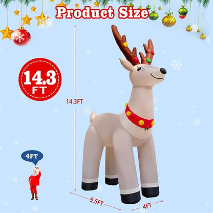 14.3FT Giant Christmas Inflatable Reindeer, Christmas Blow Up Reindeer Xmas Elk Inflatable Built-in Bright LEDs for Christmas Inflatables Outdoor Decoration Xmas Eve Party Yard Lawn Decor