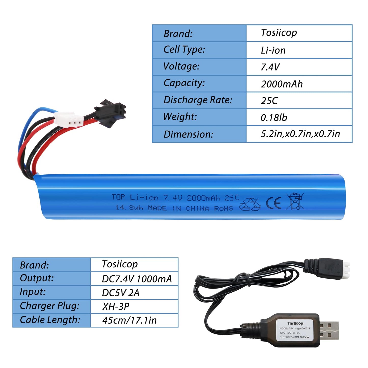 Tosiicop Airsoft Gel Blaster Battery - 7.4V 2000mAh LiPo Batteries for Splatter Ball Accessories SRB400 SRB1200 SRB400-SUB Water Bead MP5K M4 M110 with SM-2P Plug Rechargeable Charging Cable