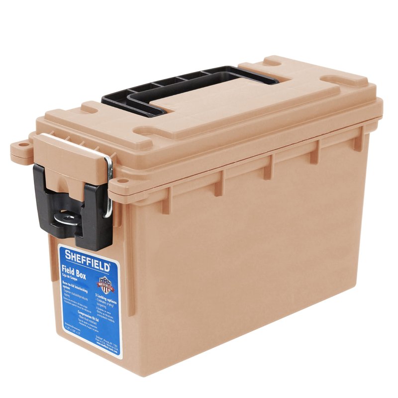 Sheffield 12627 Ammo Storage Box, Stackable .30 Cal Field Boxes, Water and Dust Resistant, Lockable Storage Box with Handle, Secures Hunting Gear, Supplies, and Bullets, Made in USA, Tan, 1-Pack